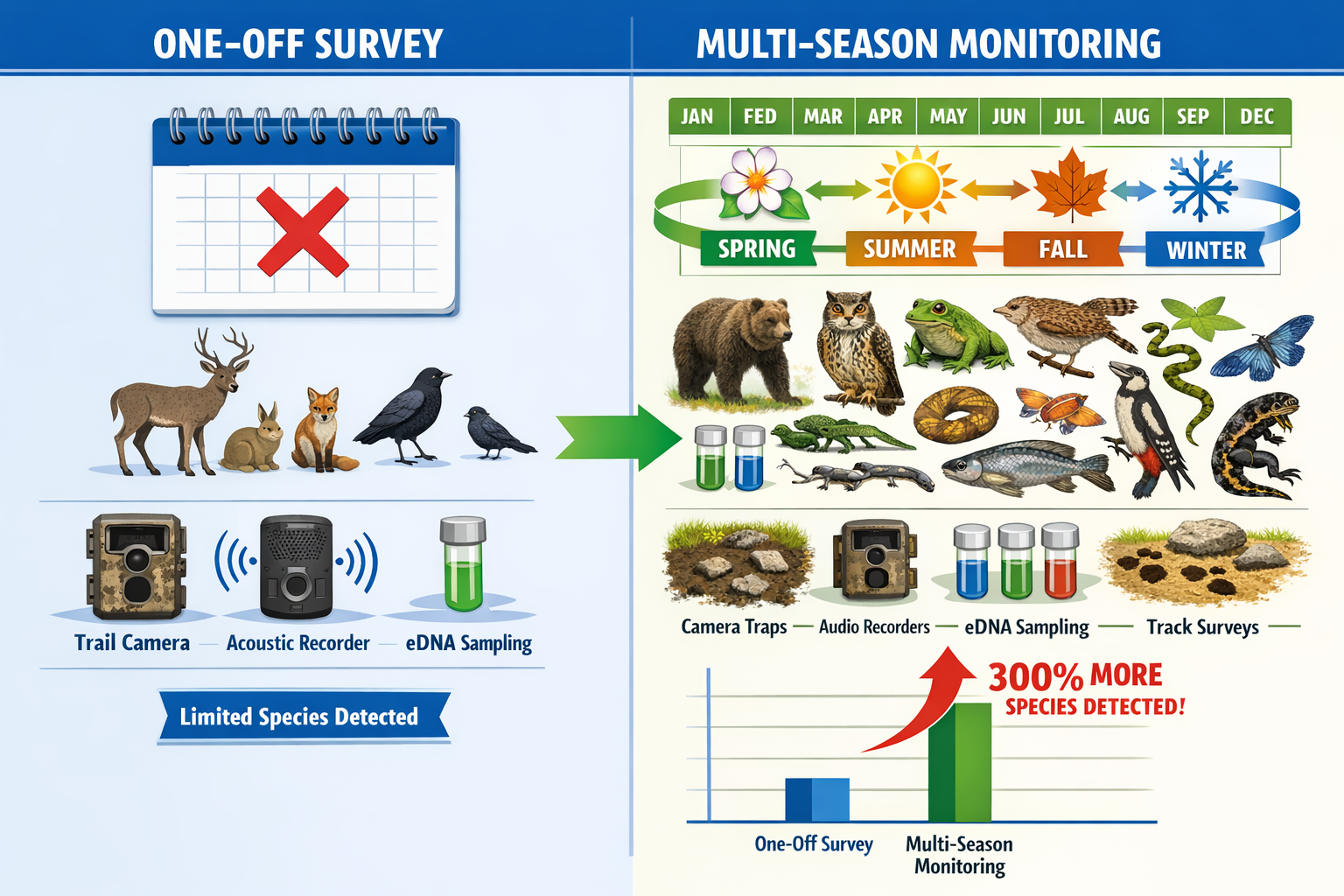 Landscape format (1536x1024) detailed infographic comparing one-off survey versus multi-season monitoring approaches. Left panel shows singl