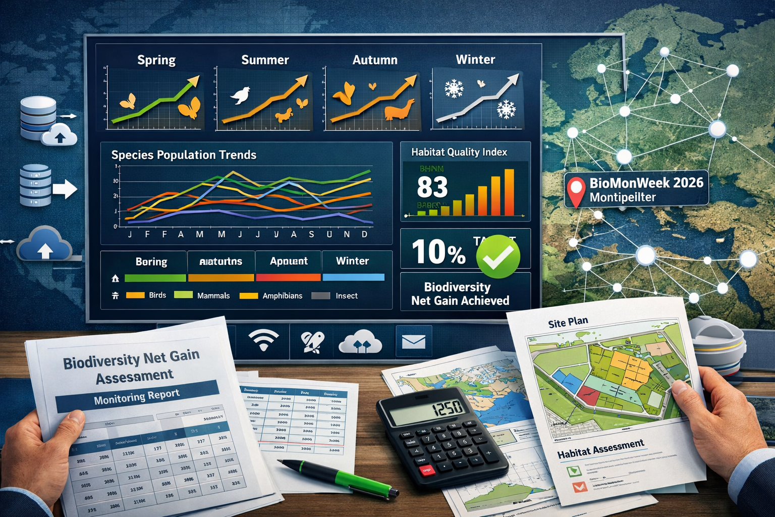 Landscape format (1536x1024) professional data management and policy integration visualization. Central element shows large interactive dash
