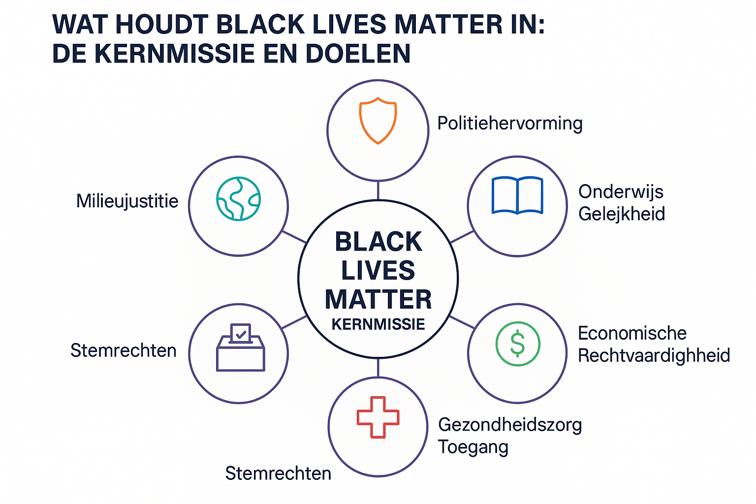 Wat Houdt Black Lives Matter In: Een Diepgaande Analyse van de Beweging 2 Professional landscape infographic (1536x1024) for section "Wat Houdt Black Lives Matter In: De Kernmissie en Doelen". Type: Circular Hub Di