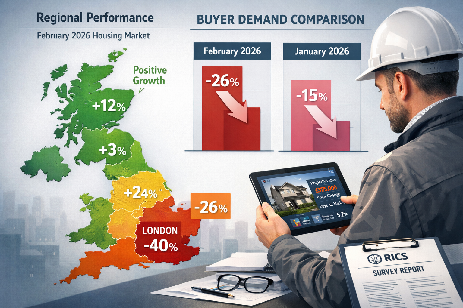 () detailed infographic showing UK map with color-coded regional performance zones, London marked in deep red with -40%