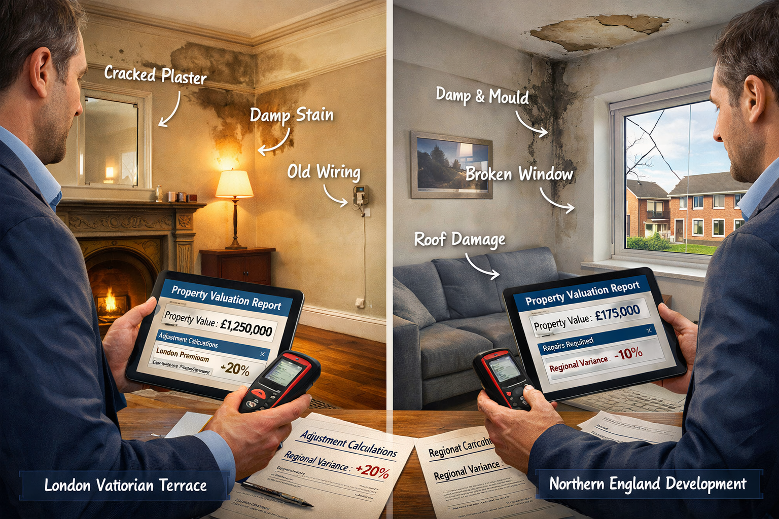 () close-up scene of chartered surveyor conducting property valuation inspection inside residential property, holding