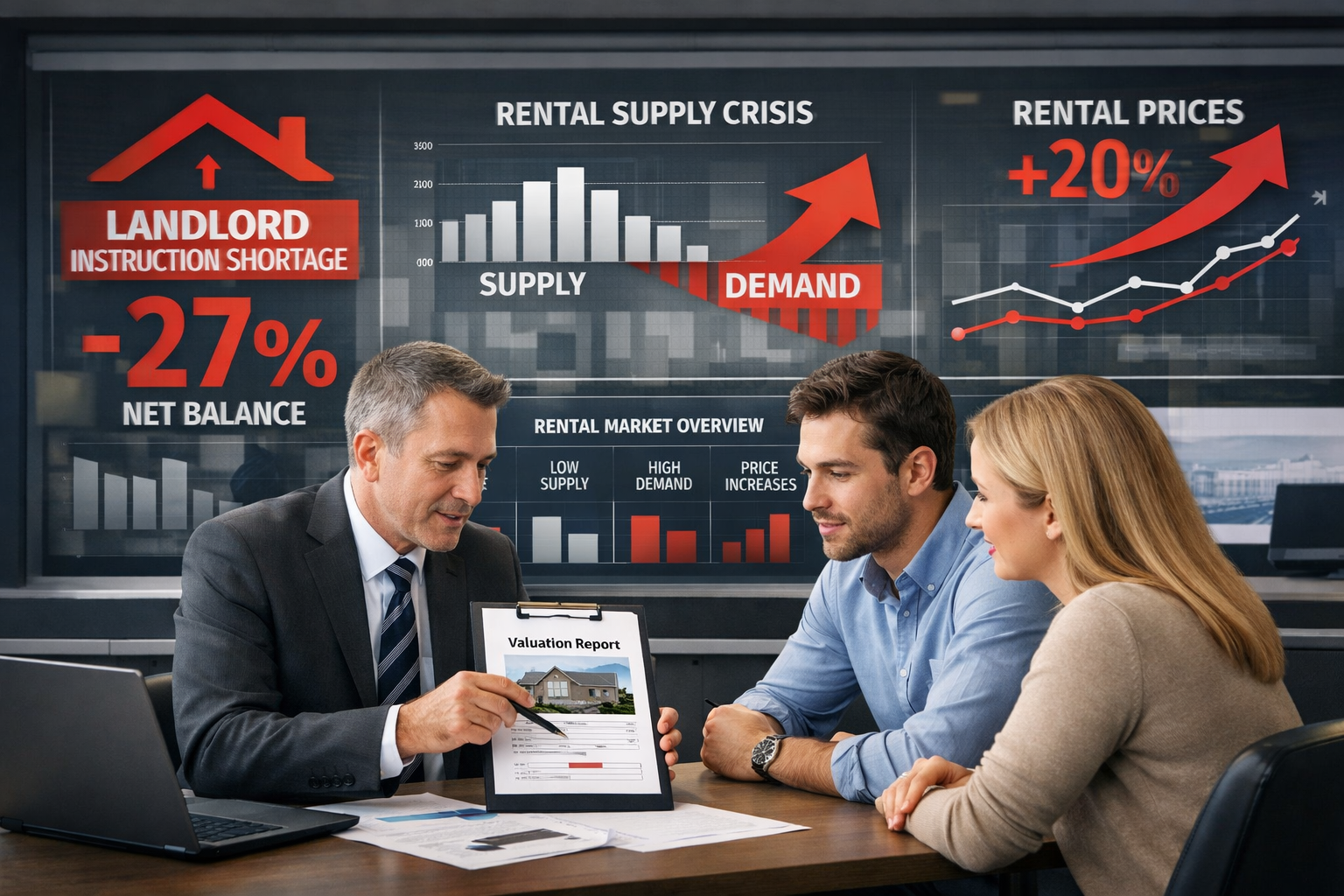 () conceptual illustration showing rental market dynamics with landlord instruction shortage visualization. Foreground