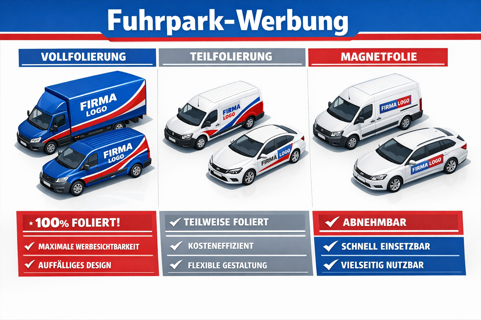 () infographic-style illustration showing a row of branded company vehicles including vans, trucks and cars, each with