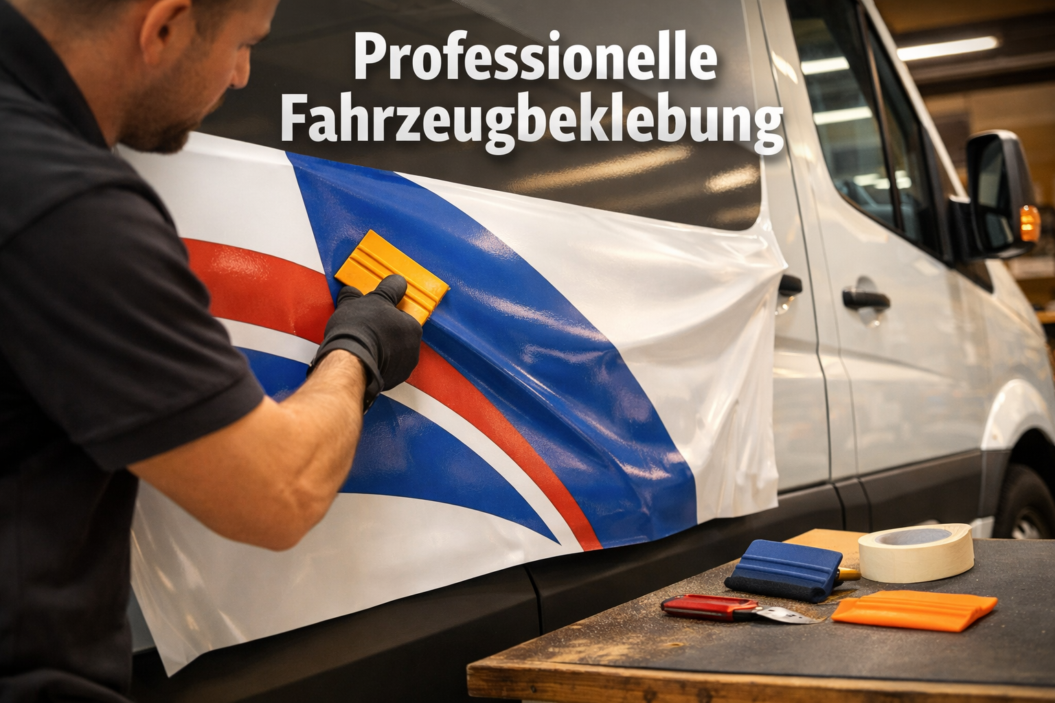 () close-up detail shot of a professional werbetechniker applying a high-quality vinyl advertising film to the side panel of