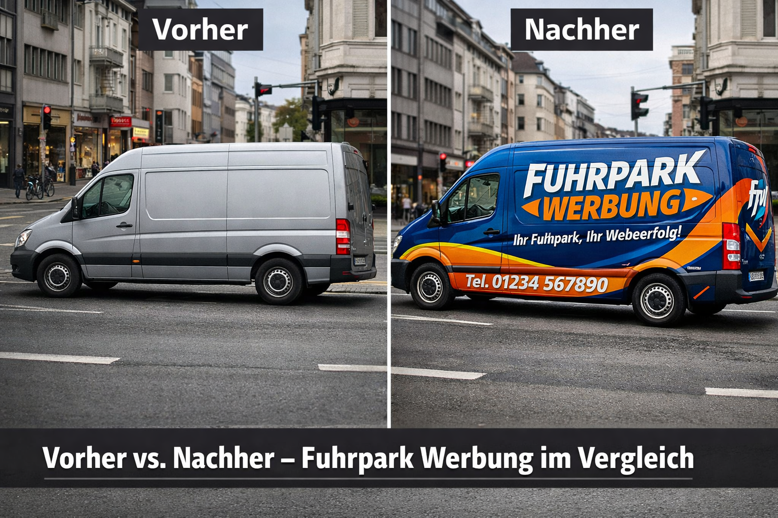 () split-screen comparison graphic showing on the left side a plain unbranded grey fleet van on a city street, and on the