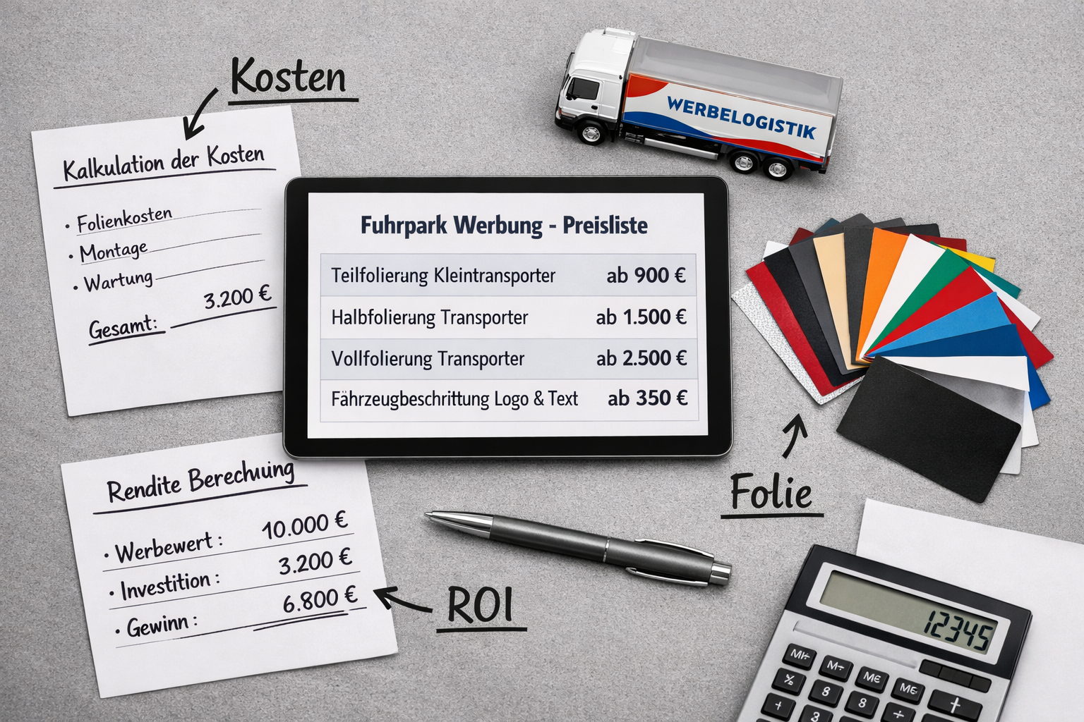 () flat-lay style overhead composition showing a desk with cost calculation documents, a tablet displaying a Fuhrpark