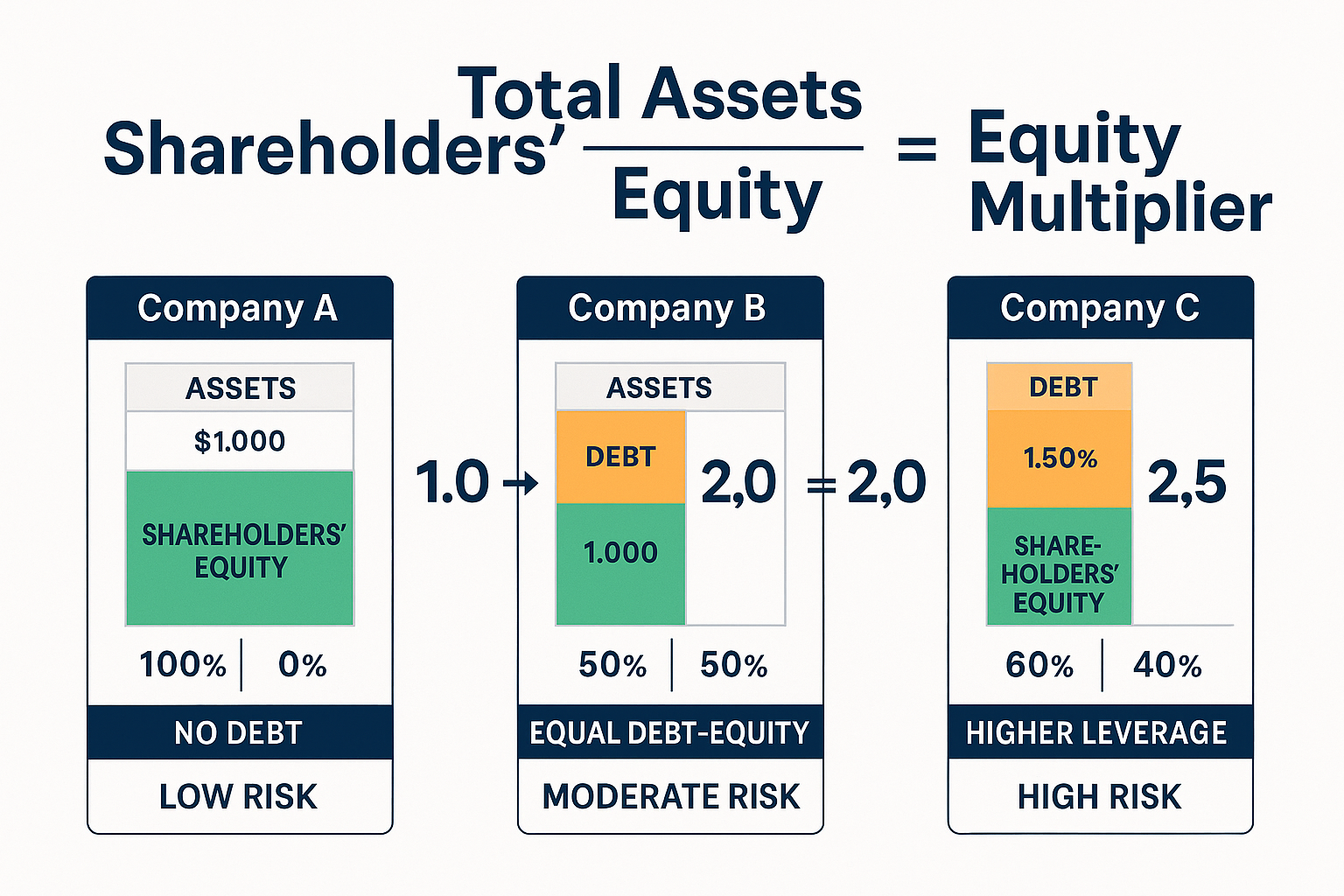 Detailed financial infographic showing equity multiplier formula visualization (1536x1024): Central equation 'Total Assets ÷ Shareholders' E
