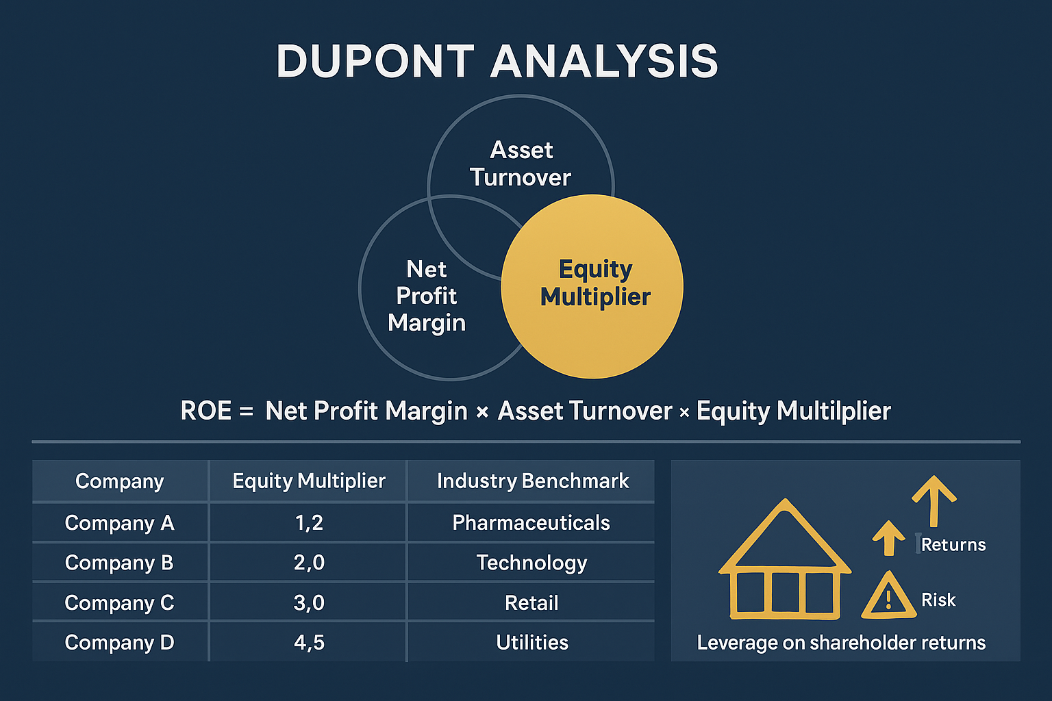 Comprehensive DuPont analysis framework diagram (1536x1024) showing equity multiplier as central component: Three interconnected circles rep