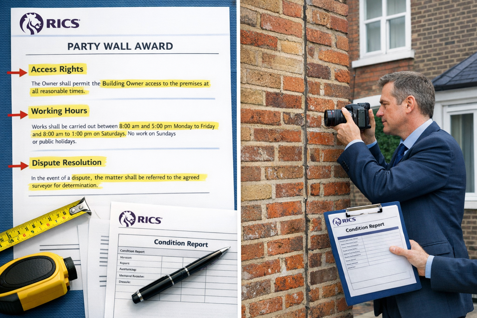 Detailed () image showing split-screen composition: left side displays annotated party wall award document with highlighted
