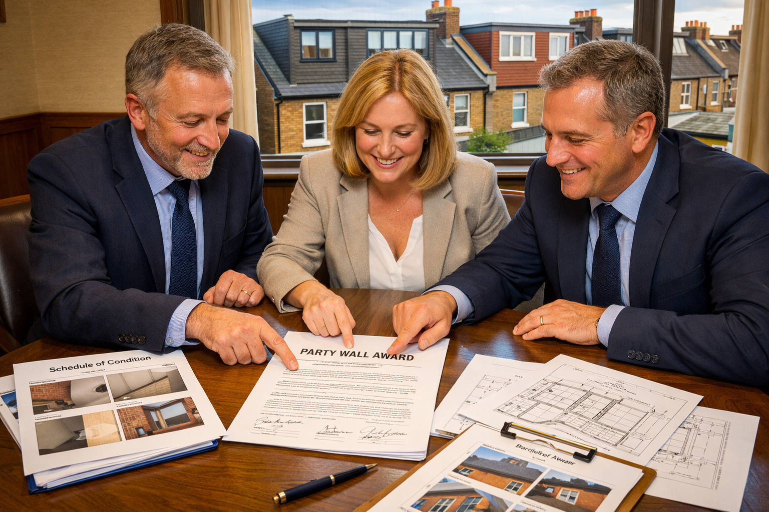 Detailed () image depicting professional party wall dispute prevention scenario: round table meeting with building owner,