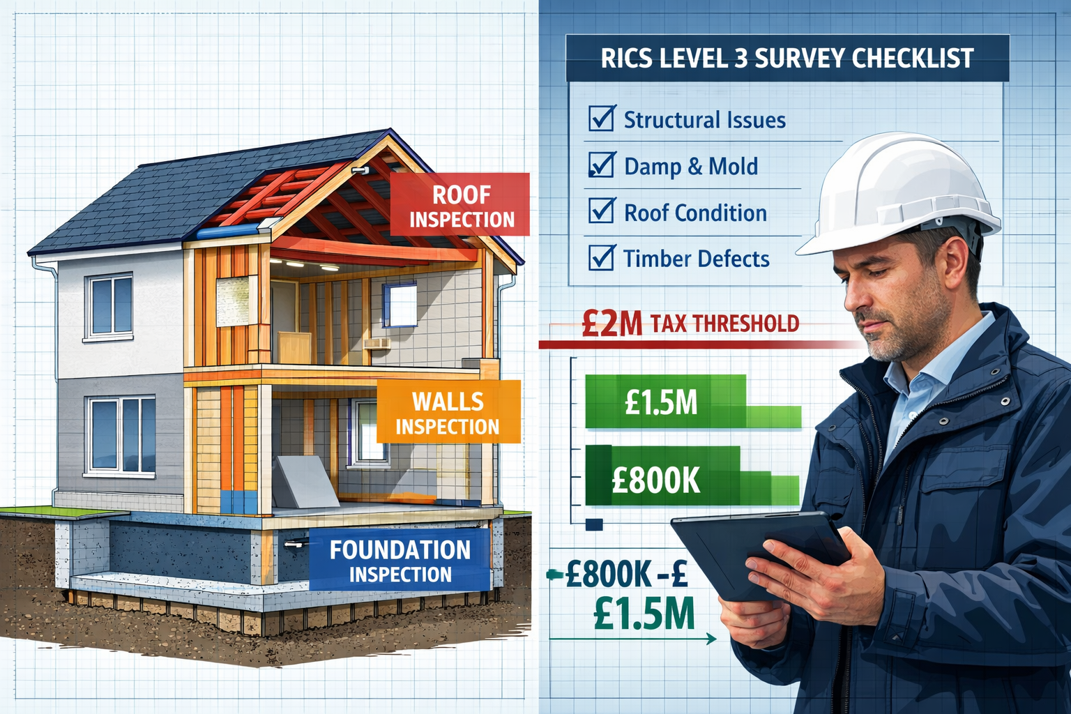 Detailed () image showing split-screen composition: left side displays modern mid-market property cross-section with