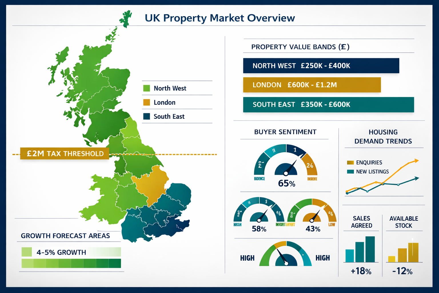 () detailed infographic showing UK property market heat map with regional variations, color-coded zones indicating 4-5%
