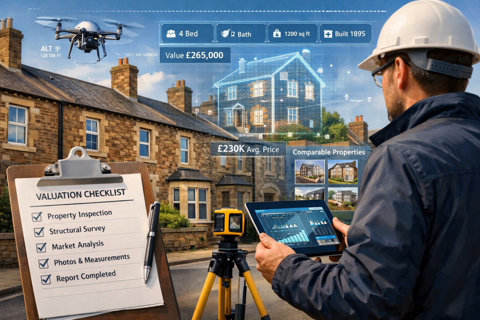 Landscape format (1536x1024) conceptual illustration depicting surveyor conducting property valuation in northern UK setting. Scene shows pr