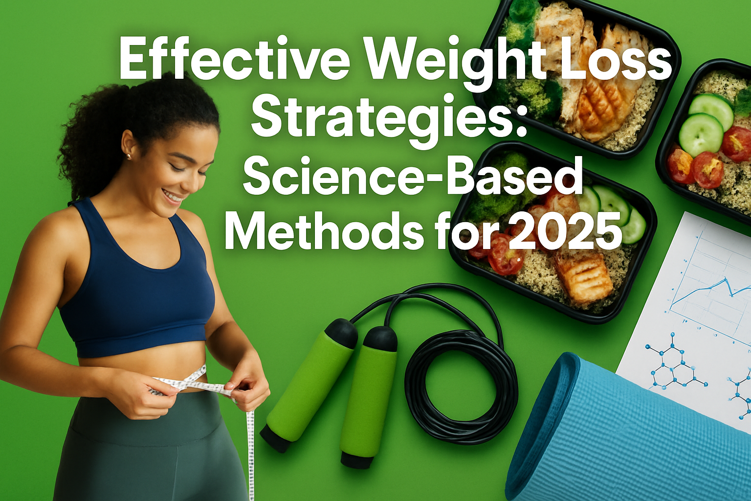 Professional landscape hero image (1536x1024) featuring bold text overlay 'Effective Weight Loss Strategies: Science-Based Methods for 2025'