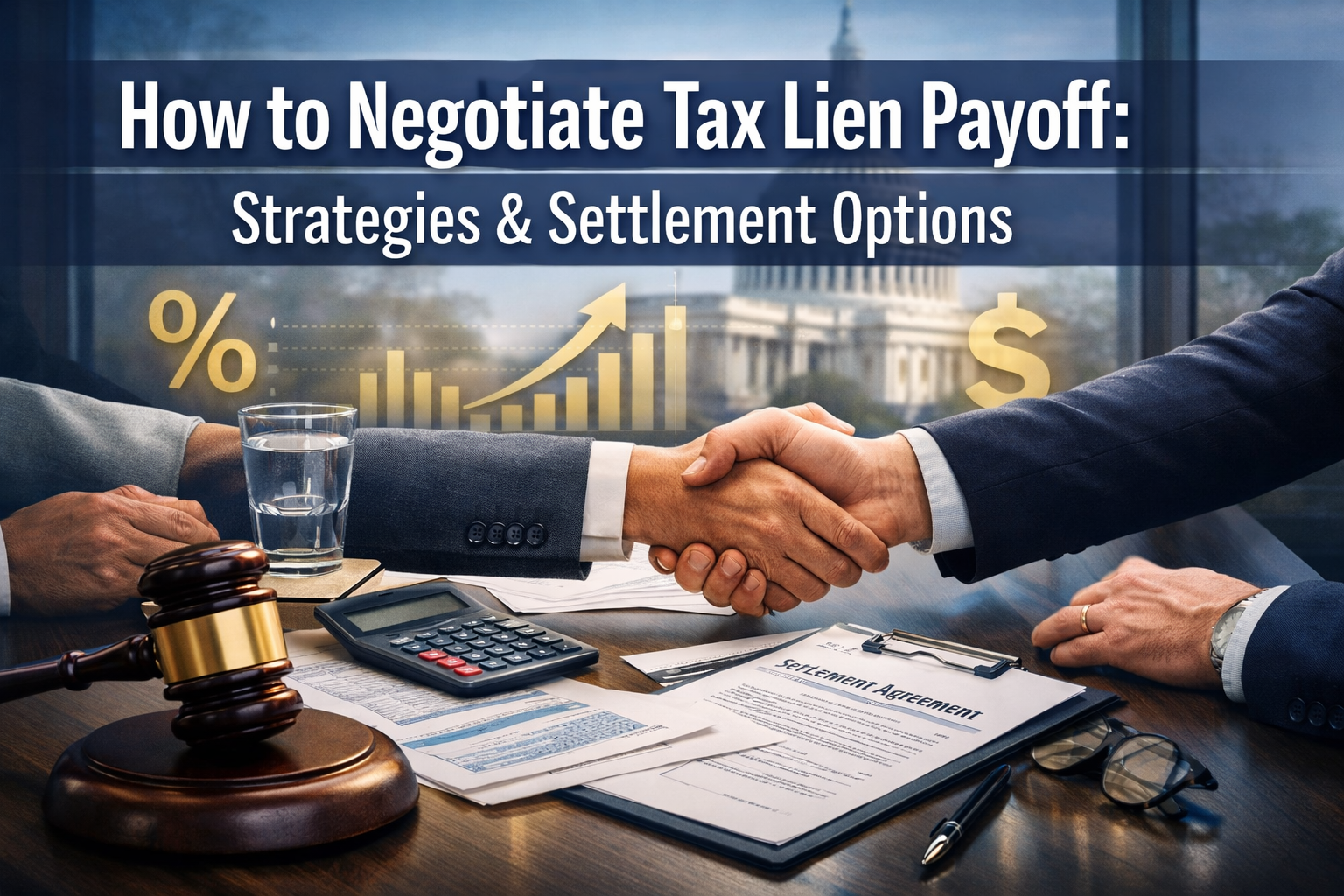 Professional landscape hero image (1536x1024) featuring bold text overlay 'How to Negotiate Tax Lien Payoff: Strategies & Settlement Options