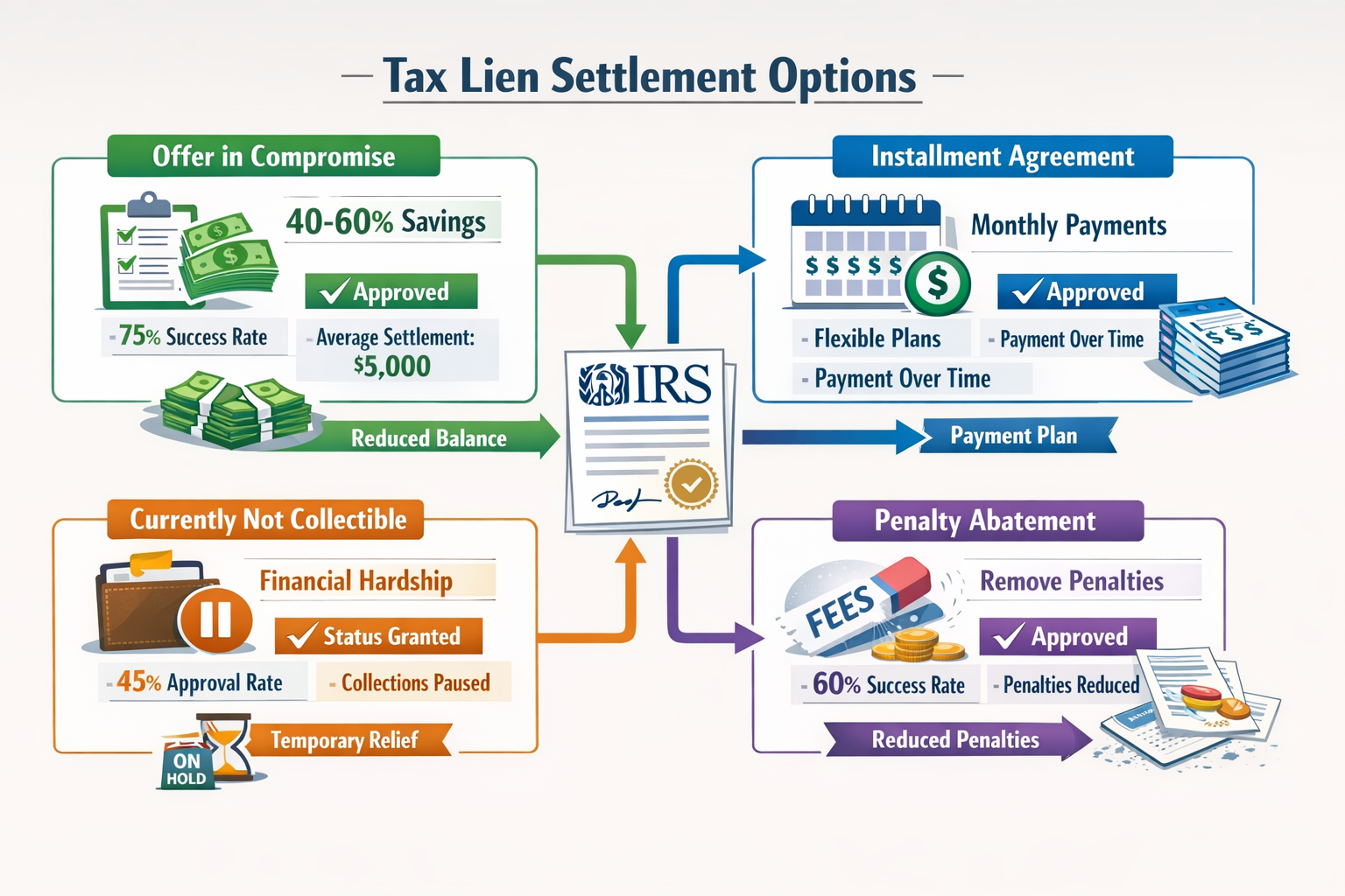 Detailed landscape infographic (1536x1024) illustrating tax lien settlement options with four distinct pathways shown as connected flowchart