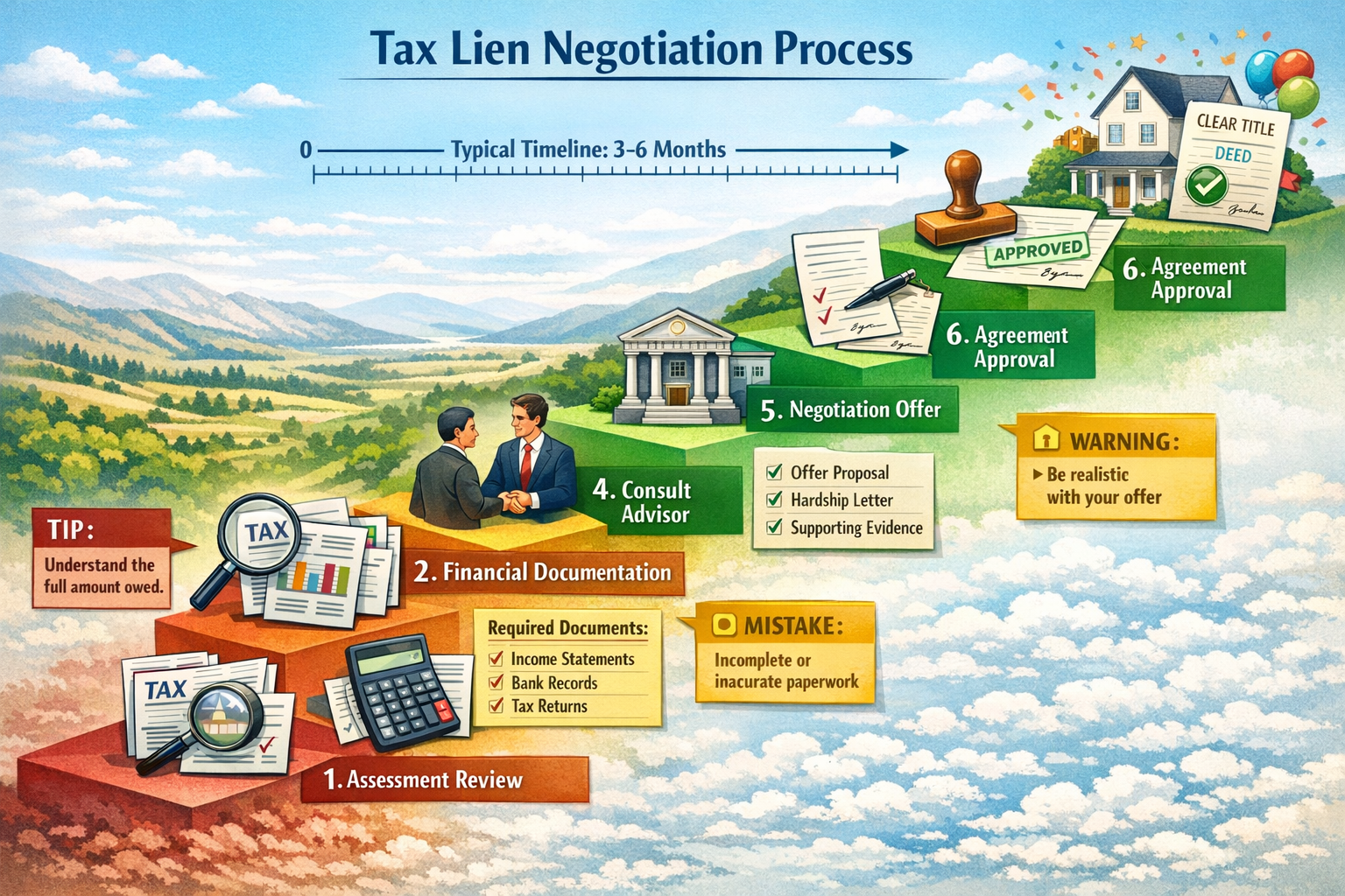 Comprehensive landscape visualization (1536x1024) showing step-by-step tax lien negotiation process as ascending staircase diagram. Each ste