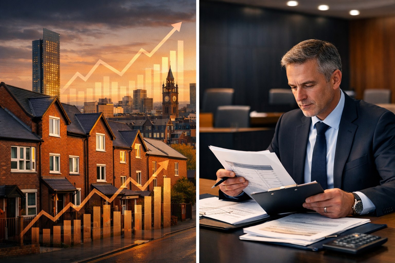 Professional landscape format (1536x1024) editorial hero image showing a split-screen composition of Northern England property market dynami