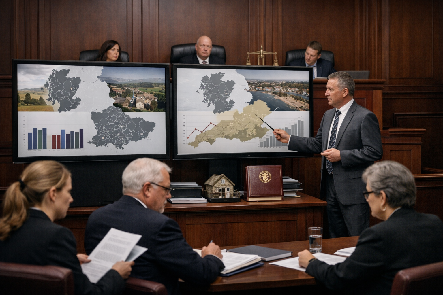 Professional landscape format (1536x1024) image of a formal tribunal or dispute resolution setting: expert witness surveyor presenting valua