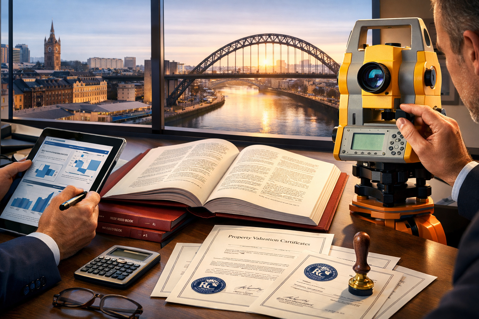 Landscape format (1536x1024) conceptual image representing RICS protocol implementation: close-up of professional hands using digital tools