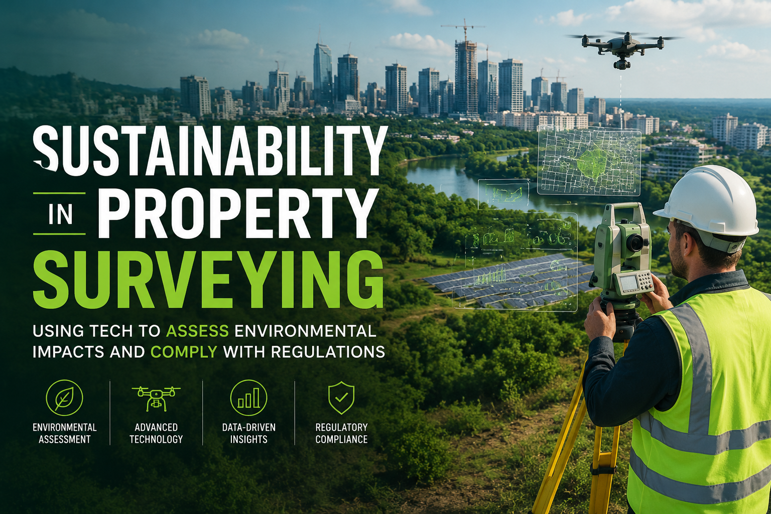 Professional landscape hero image () with : "Sustainability in Property Surveying: Using Tech to Assess Environmental