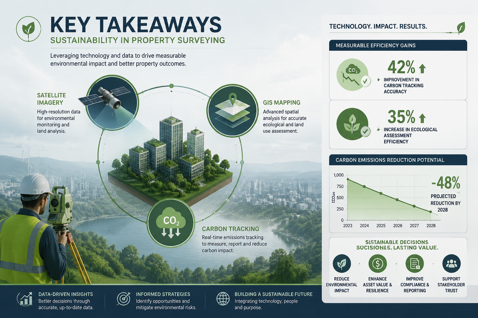 A visually striking editorial-style infographic highlighting 'Key Takeaways' in sustainability property surveying. Central