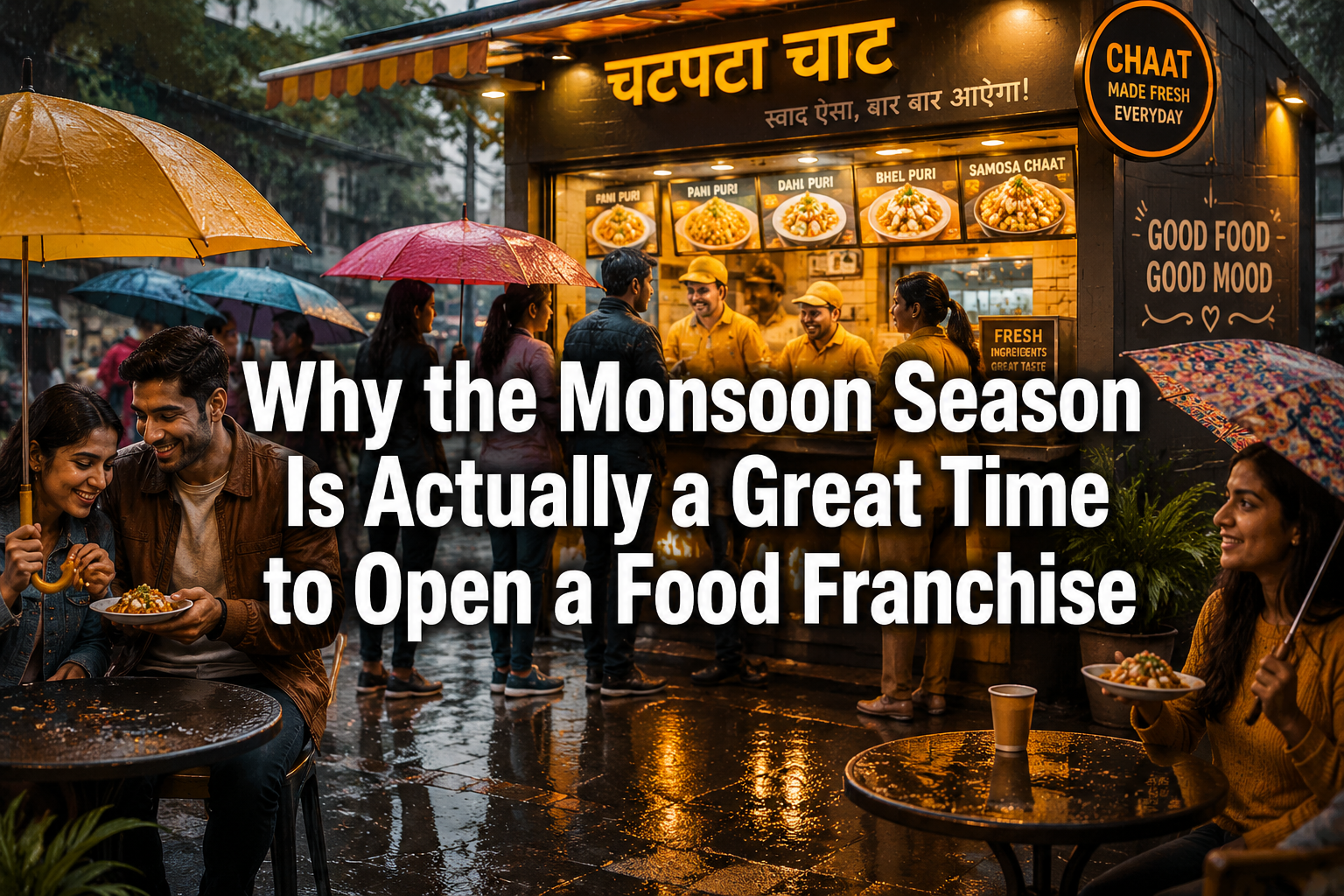 Professional () hero image featuring 'Why the Monsoon Season Is Actually a Great Time to Open a Food Franchise' in white