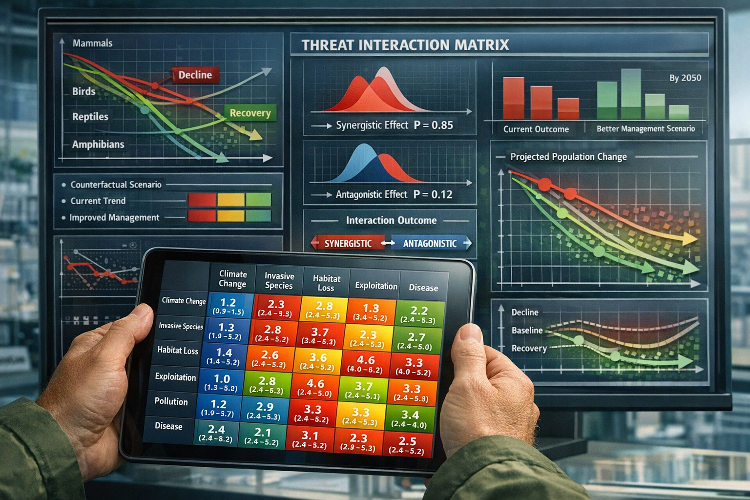 Detailed () image showing interactive threat modeling visualization with three-dimensional matrix display on large digital