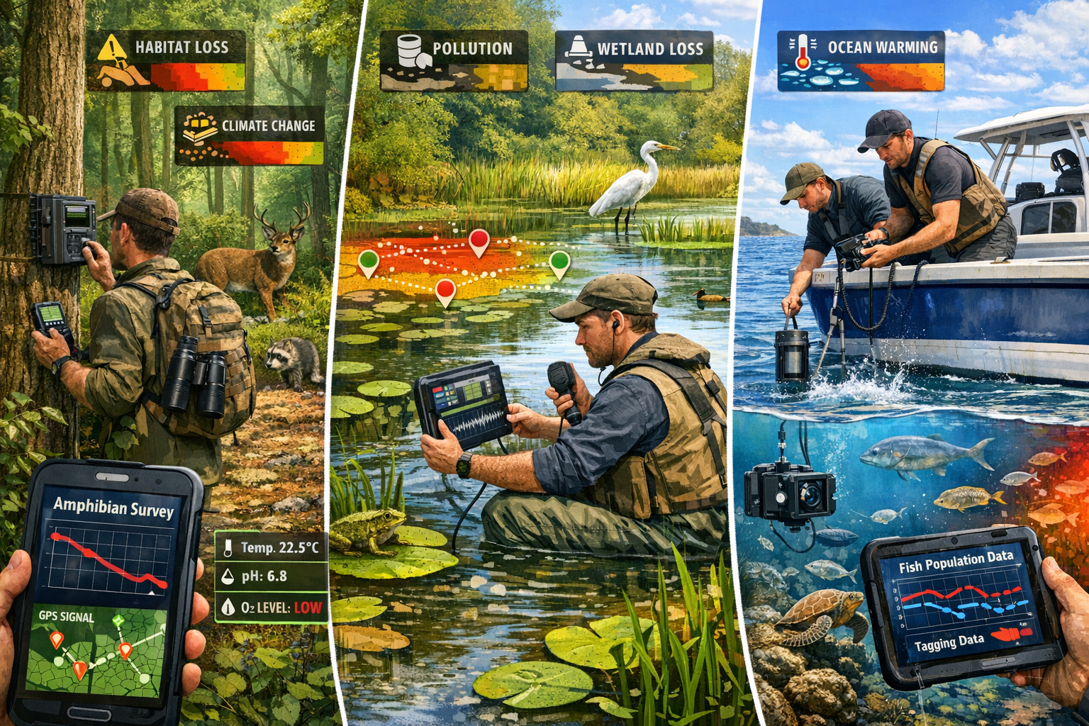 Detailed () image depicting field survey techniques for vertebrate population monitoring across multiple ecosystems. Split