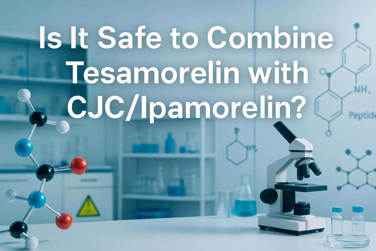 Professional landscape hero image (1536x1024) featuring bold text overlay 'Is It Safe to Combine Tesamorelin with CJC/Ipamorelin?' in extra 