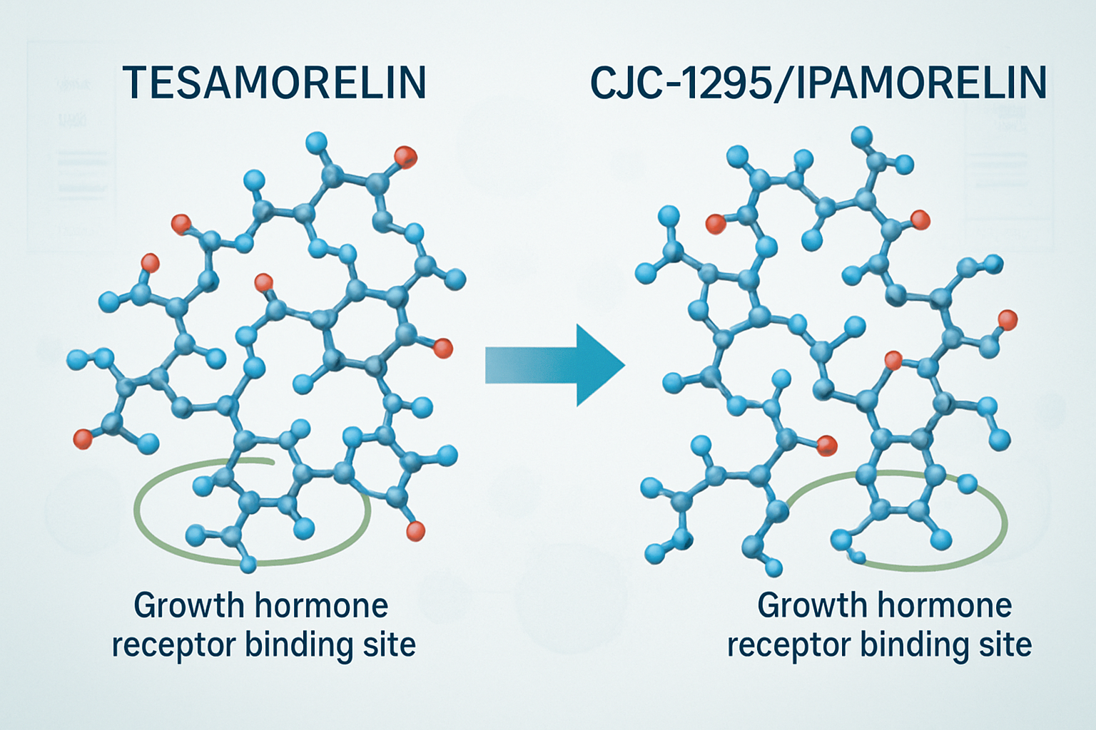 Scientific infographic showing molecular structures of tesa and CJC-1295/ipamorelin peptides side by side, with arrows indicating pot