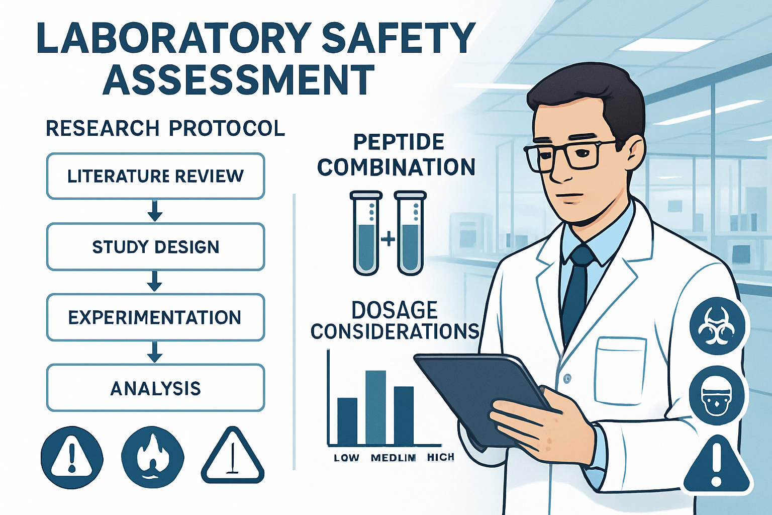 Laboratory safety assessment visualization featuring research protocol flowchart, peptide combination guidelines, dosage considerations char