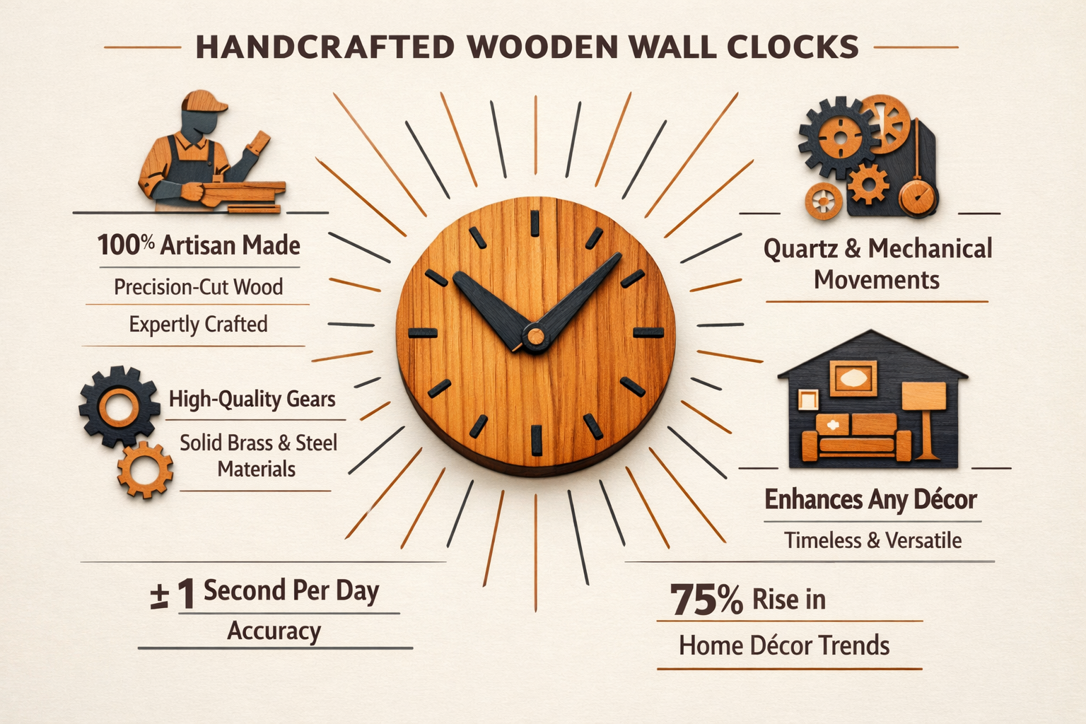 Minimalist editorial infographic showcasing key insights about handcrafted wooden wall clocks, featuring precision-cut wooden icons represen