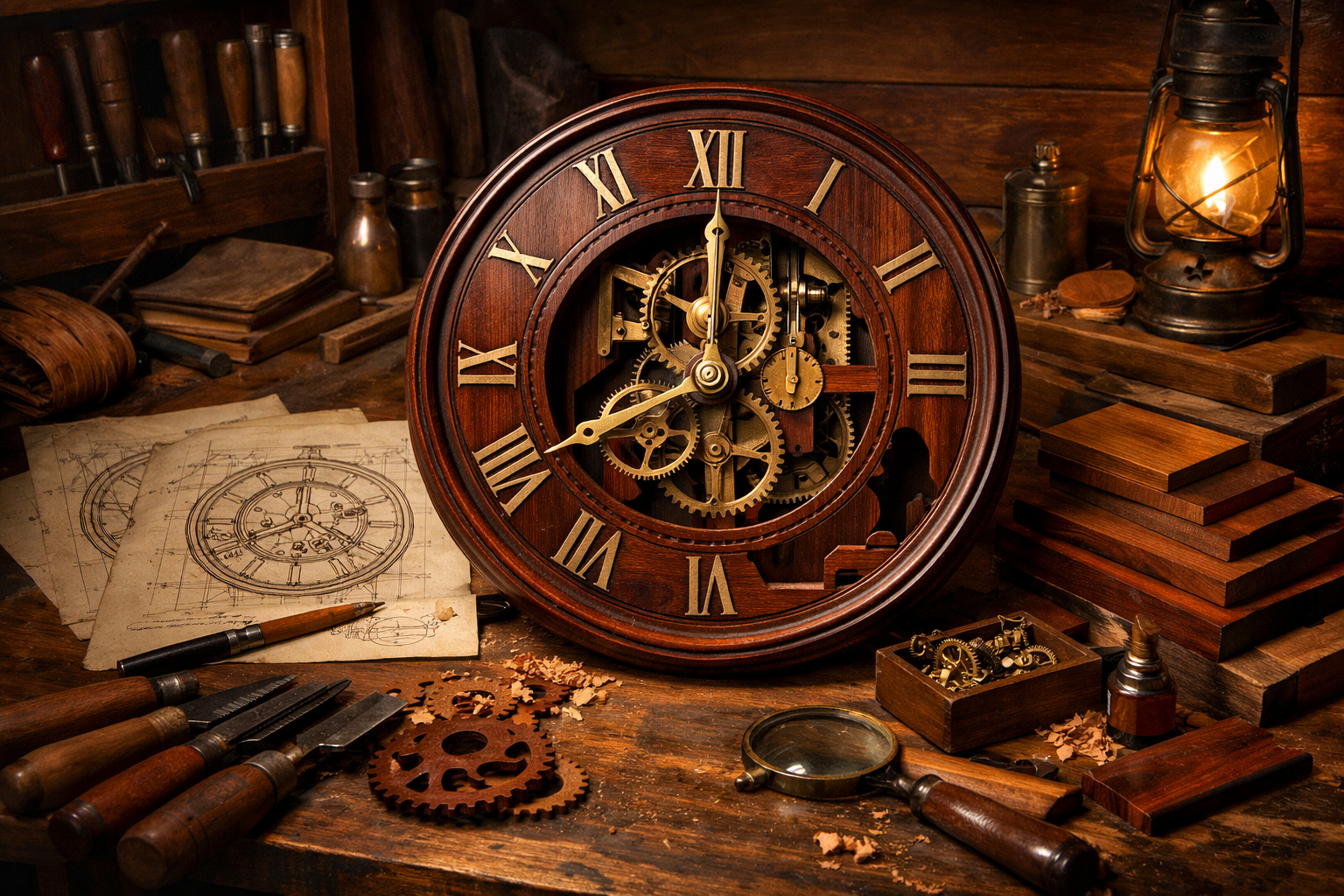 Artisan woodworking scene depicting a master craftsman's workshop, focusing on narrative wooden wall clock design process. Dramatic lighting