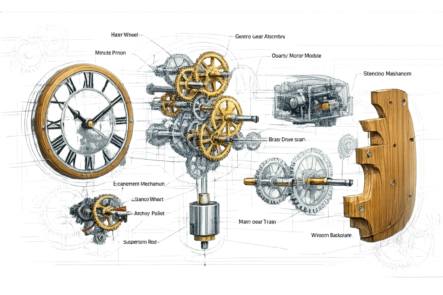 Deconstructed mechanical wall clock featuring exposed gear mechanisms, precision-engineered wooden components suspended in an exploded techn
