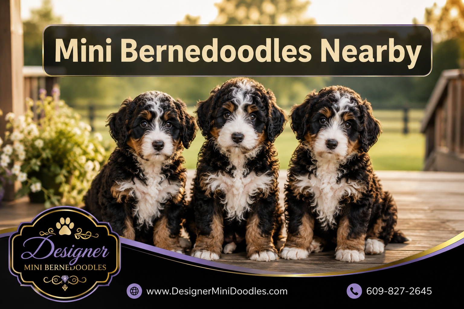 Professional () hero image with SHORT 'Mini Bernedoodles Nearby' in cream on a semi-transparent charcoal bar, centered