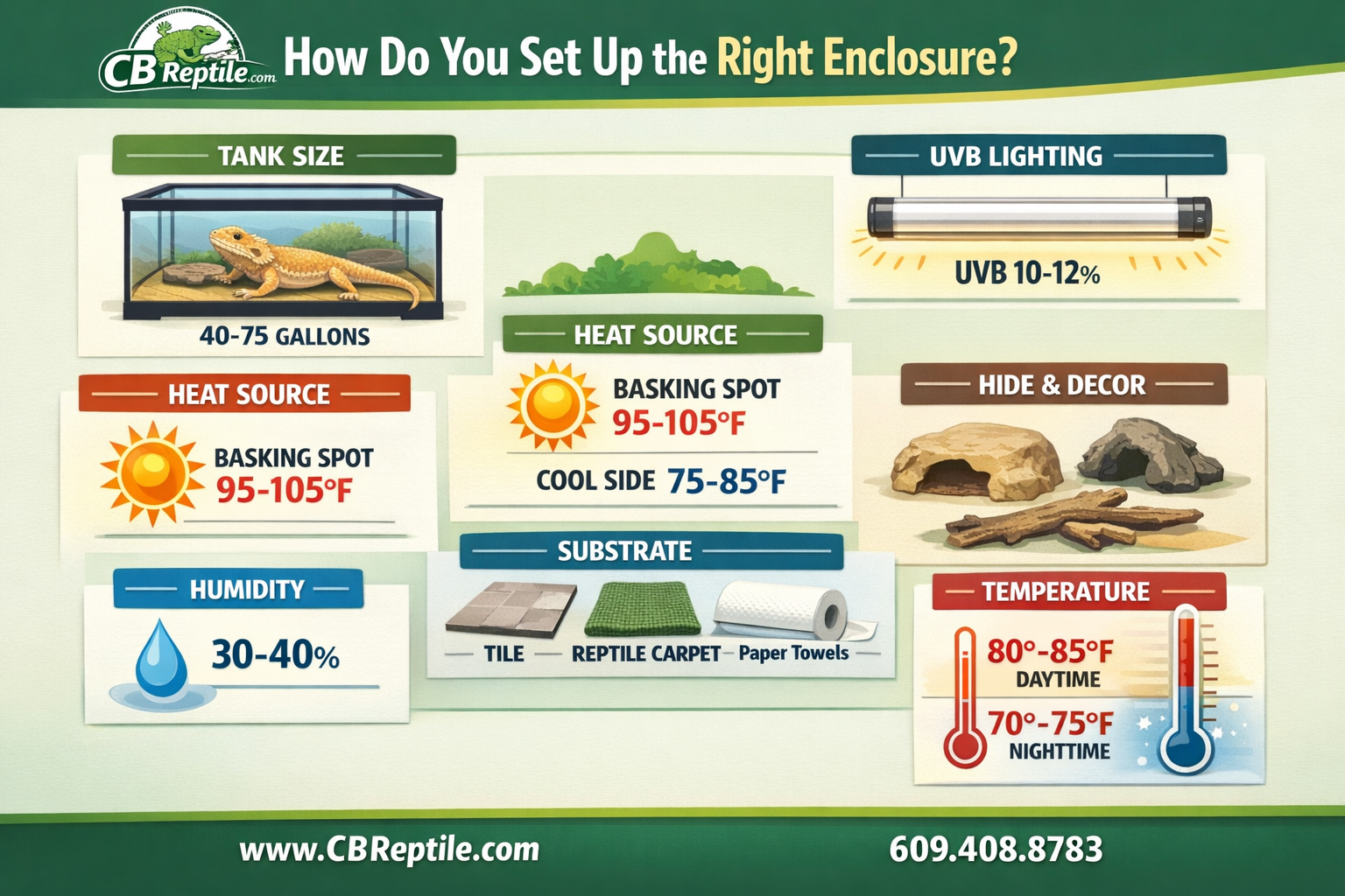 Professional infographic for article "Bearded Dragon Care Sheet: The Complete Guide for New Owners in 2026", section: "How