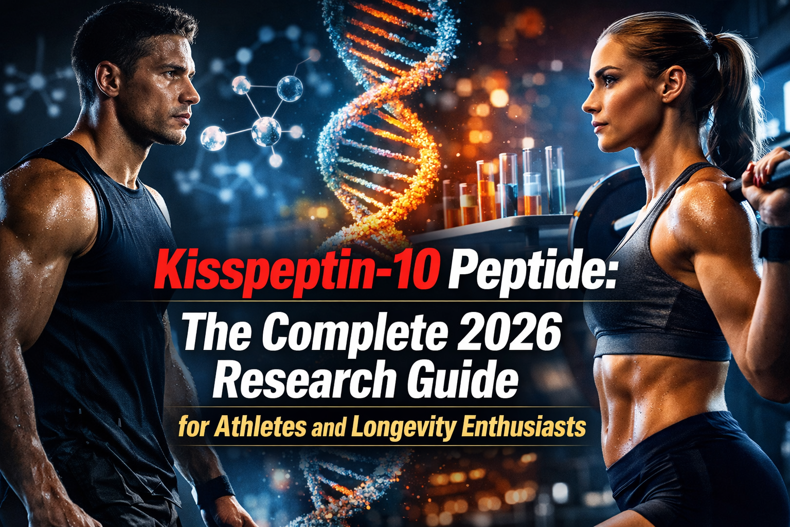 Professional landscape hero image (1536x1024) with bold text overlay: "Kisspeptin-10 Peptide: The Complete 2026 Research Guide for Athletes 