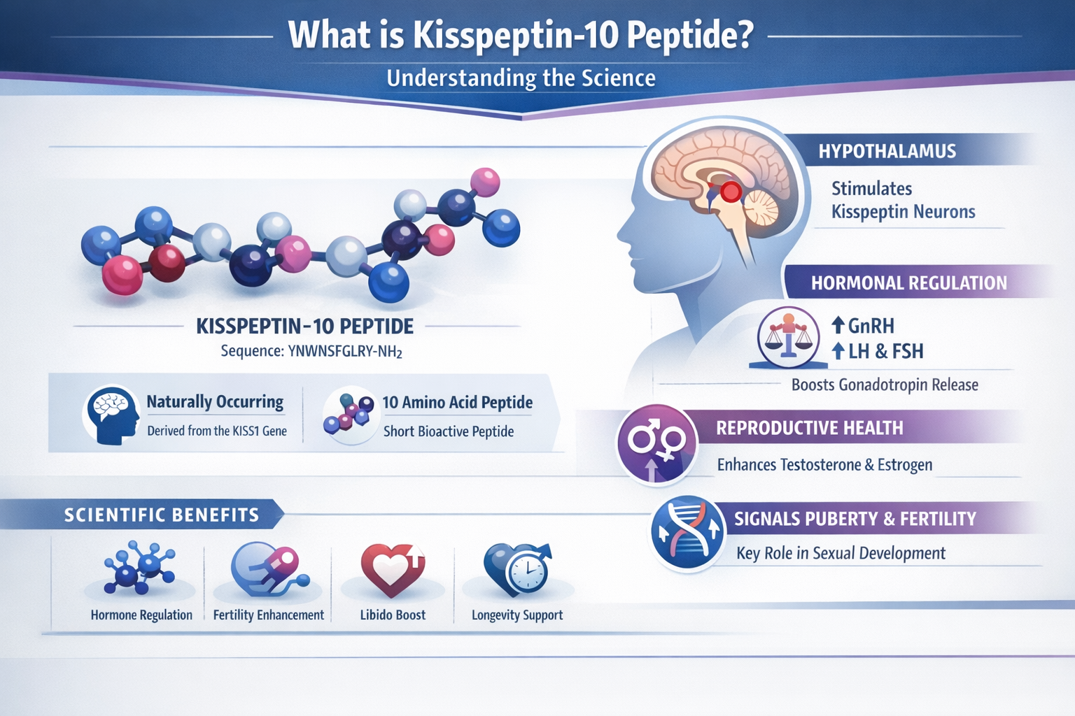 Professional landscape infographic (1536x1024) for article "Kisspeptin-10 Peptide: The Complete 2026 Research Guide for Athletes and Longevi