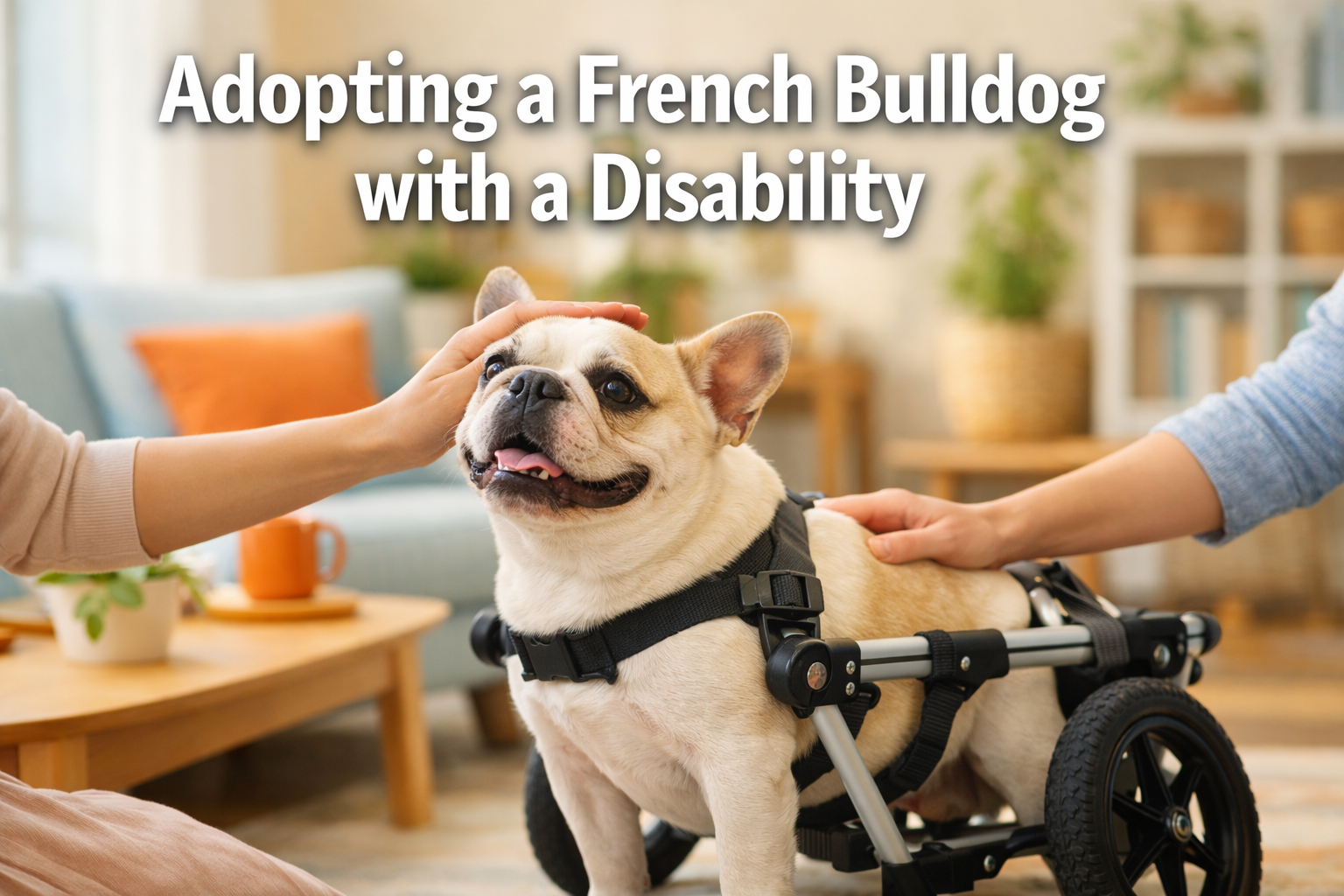 Professional landscape format (1536x1024) hero image with bold text overlay 'Adopting a French Bulldog with a Disability' in 70pt white sans