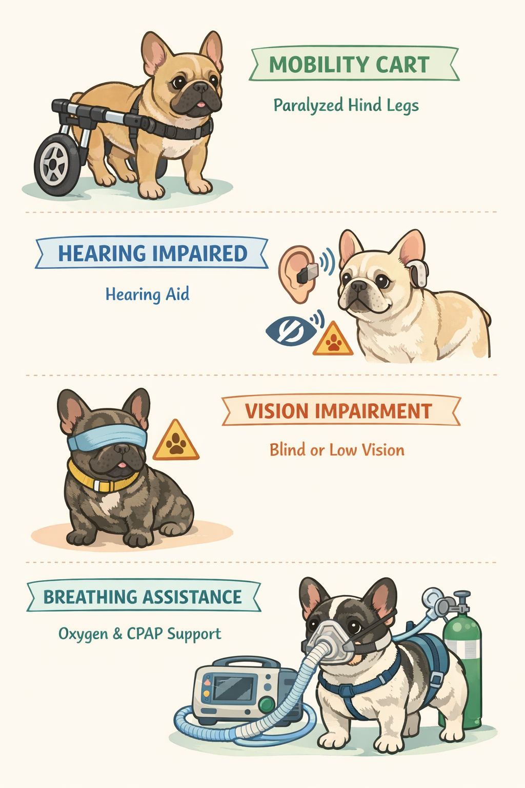 Portrait format (1024x1536) illustration showing various French Bulldog disabilities with educational overlay - mobility cart for paralyzed 