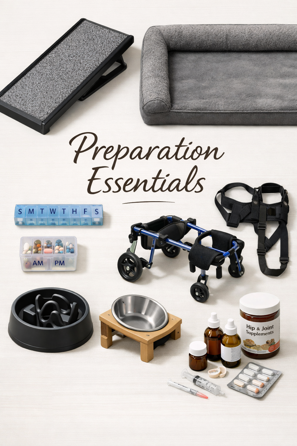 Portrait format (1024x1536) image of adoption preparation checklist with French Bulldog accessibility items laid out - ramps, orthopedic bed