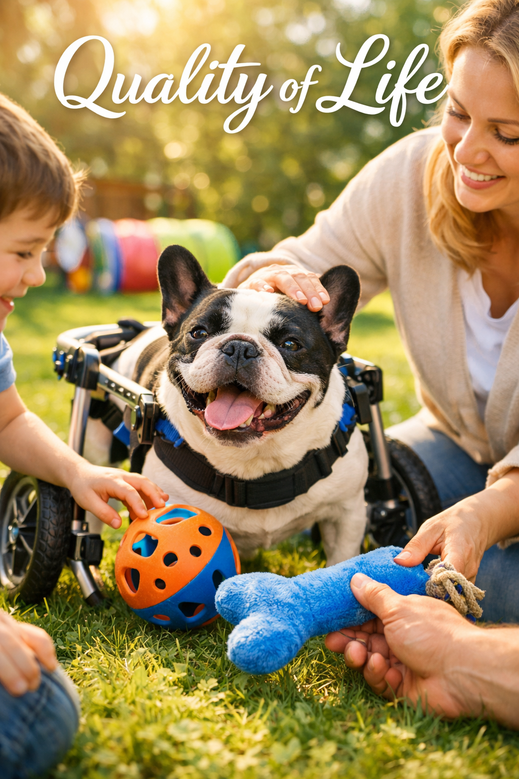 Portrait format (1024x1536) heartwarming scene of French Bulldog with disability enjoying quality life - playing with adaptive toys, receivi