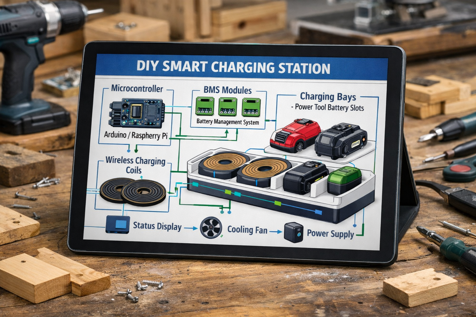 A detailed landscape image () showing a conceptual design of a DIY smart charging station for power tools. The image