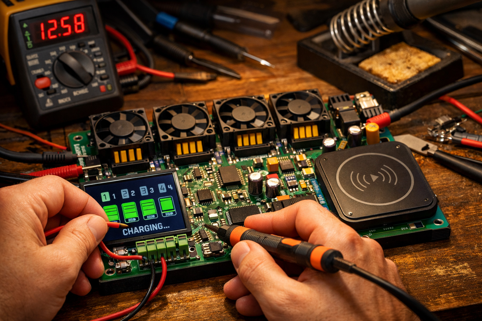 A vibrant landscape image () demonstrating the assembly process of a smart charging station's electrical components. Focus