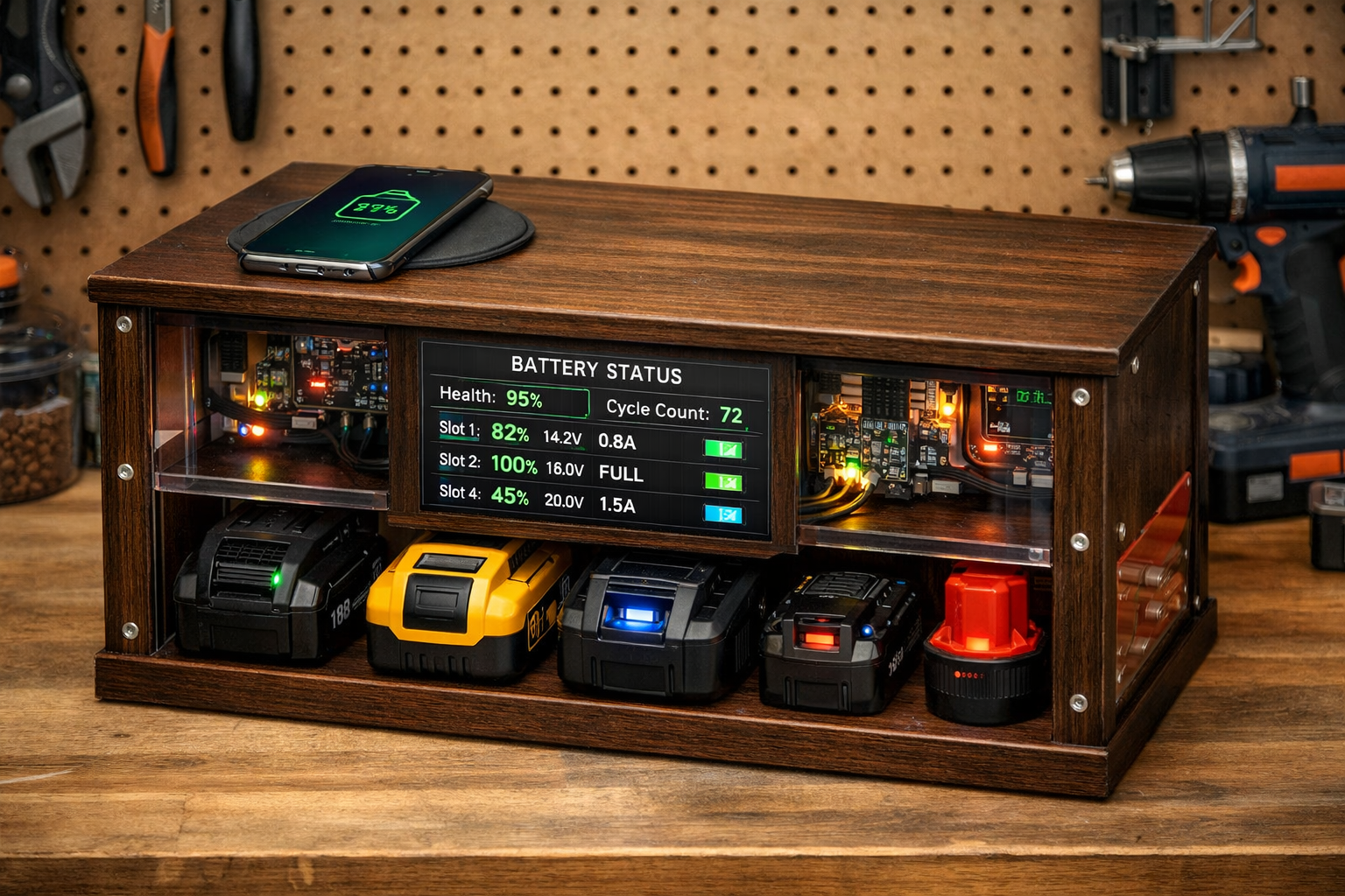 A functional landscape image () of a completed DIY smart charging station for power tools in a tidy workshop setting. The