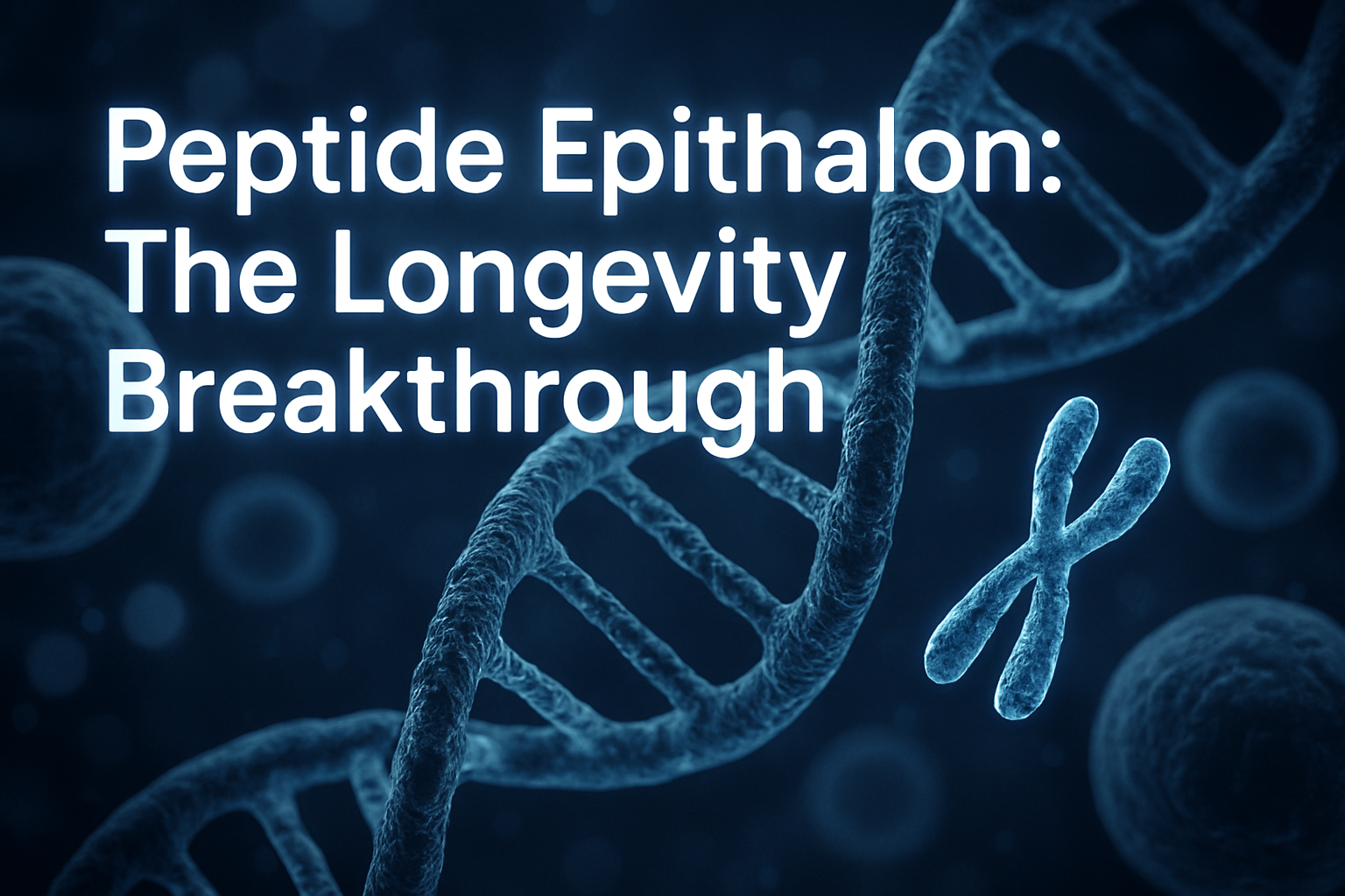 Professional landscape hero image (1536x1024) featuring bold text overlay 'Peptide Epithalon: The Longevity Breakthrough' in extra large 72p