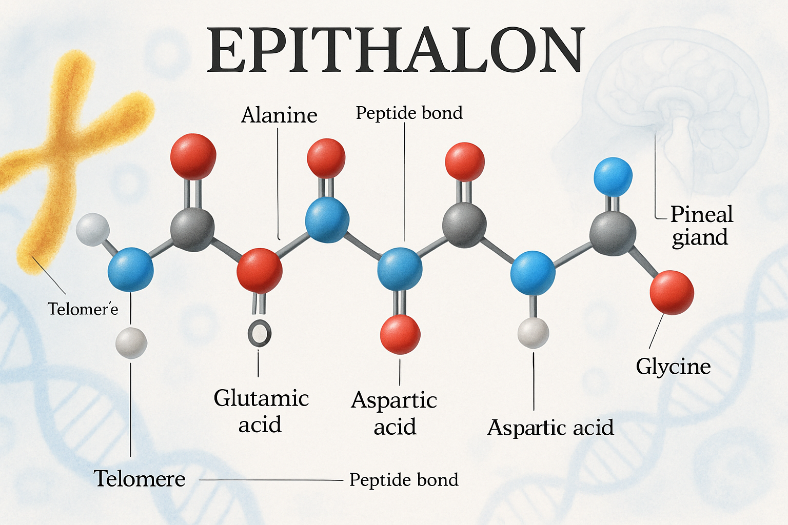 Detailed scientific illustration (1536x1024) showing the molecular structure of Epithalon peptide with four amino acids (Alanine, Glutamic a