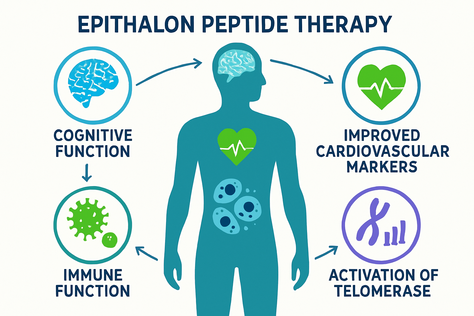 Comprehensive landscape infographic (1536x1024) illustrating the multiple health benefits of Epithalon peptide therapy arranged in circular 