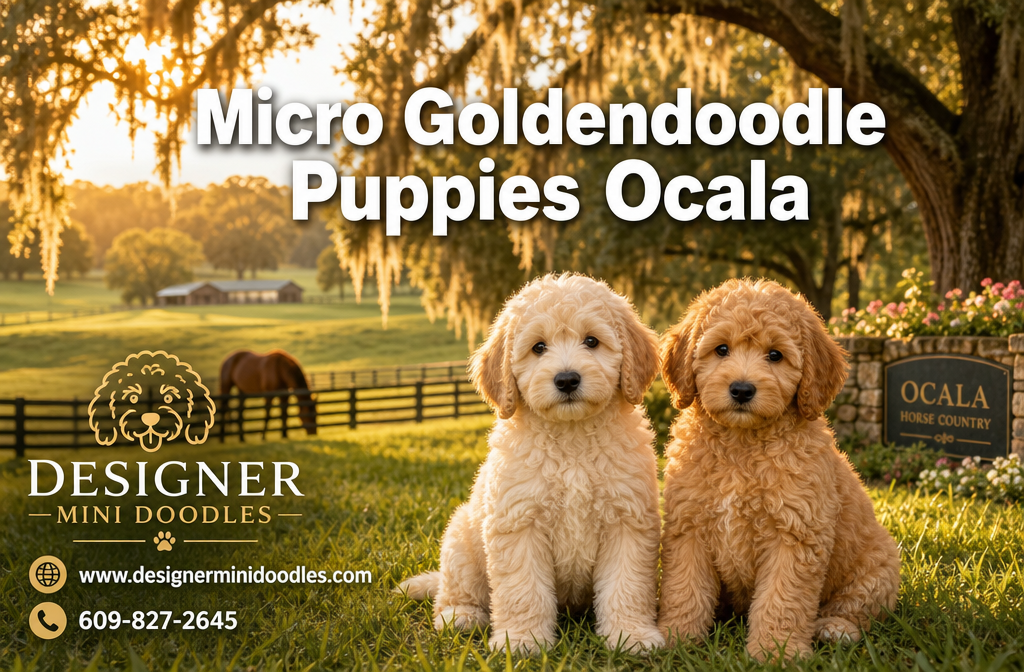 Professional () magazine-cover hero image with 'Micro Goldendoodle Puppies Ocala' in white with soft drop , centered